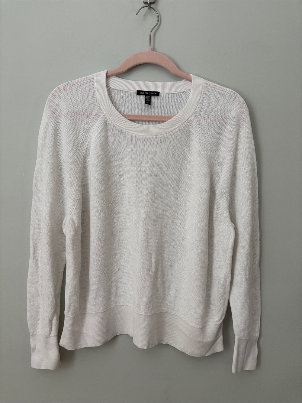 Eileen Fisher White Organic Linen Cotton Knit Raglan Crewneck Sweater XL